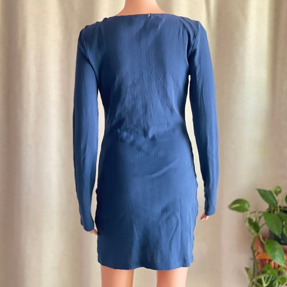 ASOS DESIGN Blue Ribbed Long Sleeve Mini Dress Rosebud Lace Trim Coquette Size 4 - Picture 4 of 6
